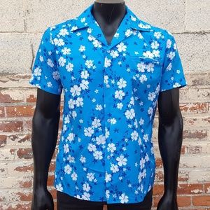 Vintage 70s Hawaiian Shirt Blue Floral Aloha Camp